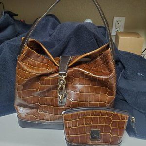 DOONEY & BOURKE Brown Croco Embossed Logo Lock Leather Hobo Shoulder Bag